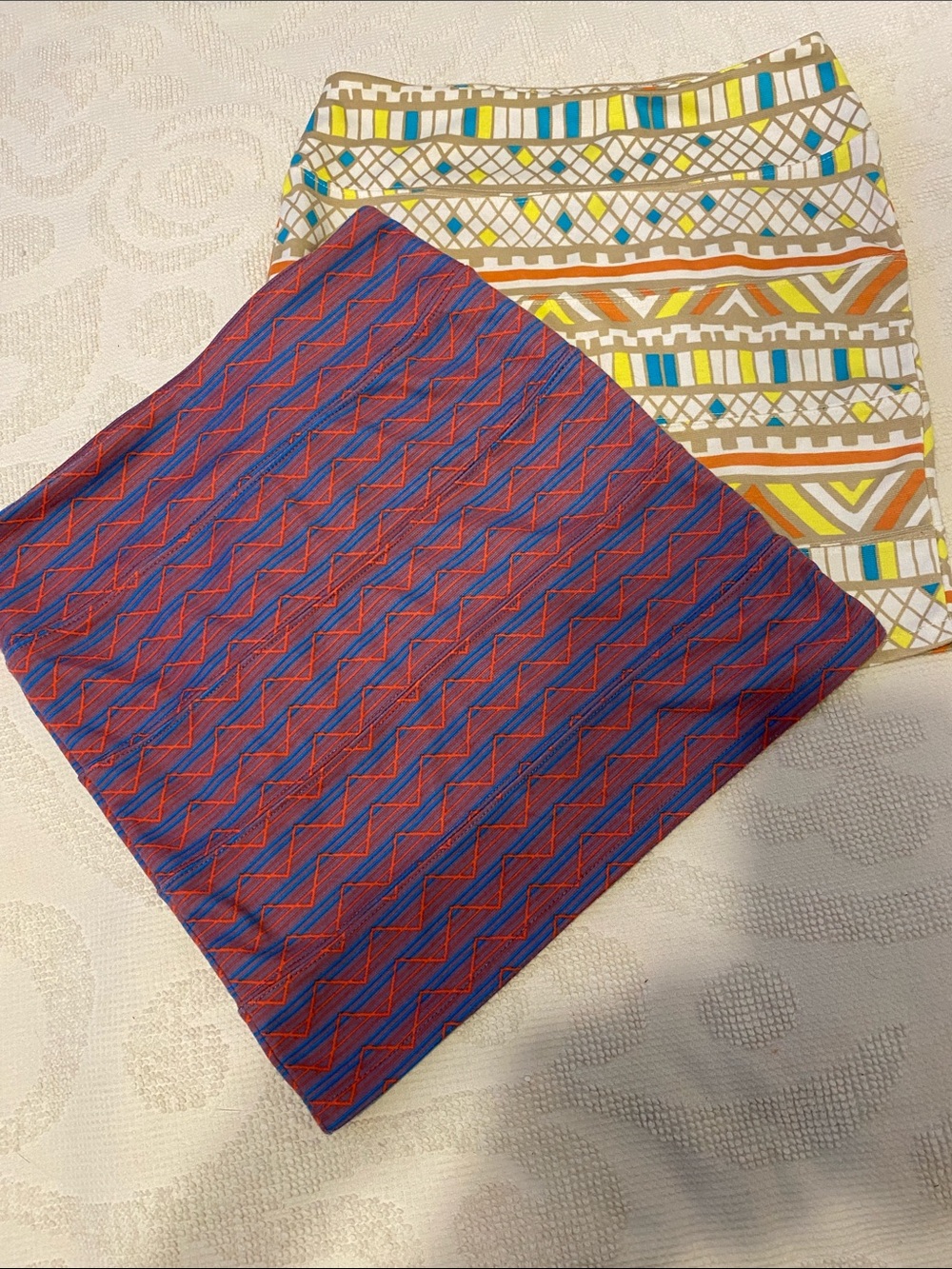 Nollie Two Mini Skirts — Red & Blue Geometric + Cream Multi-Stripe